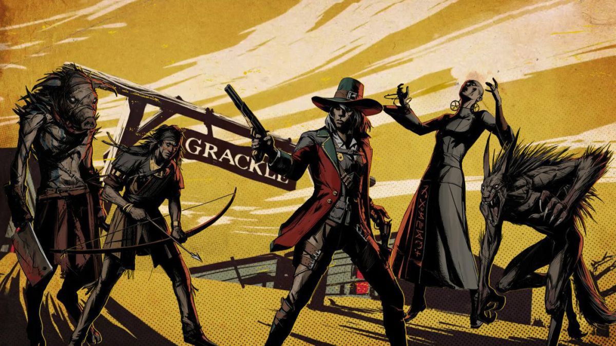 A pigman, a native archer, a female gunsligner, a mage, and a wereworlf stand close to a town entrance in this sylised art for Weird West.